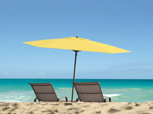 Yellow 7.5ft beach umbrella with sturdy aluminum pole, UV-resistant fabric, and adjustable tilt feature. Ideal for seaside relaxation, providing ample shade and weather protection.