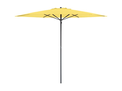 Yellow 7.5ft beach umbrella with sturdy aluminum pole, UV-resistant fabric, and adjustable tilt feature. Ideal for seaside relaxation, providing ample shade and weather protection.