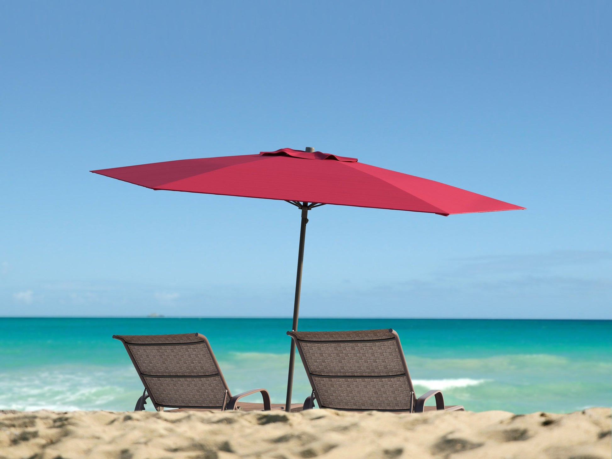 Wine red 7.5ft beach umbrella with sturdy aluminum pole, UV-resistant fabric, and tilt mechanism for adjustable shade. Perfect for beach outings, providing ample sun protection and stylish outdoor decor.