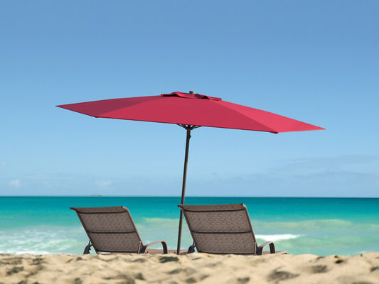 Wine red 7.5ft beach umbrella with sturdy aluminum pole, UV-resistant fabric, and tilt mechanism for adjustable shade. Perfect for beach outings, providing ample sun protection and stylish outdoor decor.