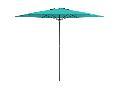 Turquoise 7.5ft beach umbrella with UV-resistant fabric, sturdy aluminum pole, and tilt mechanism for adjustable shade on sandy beaches or patios.