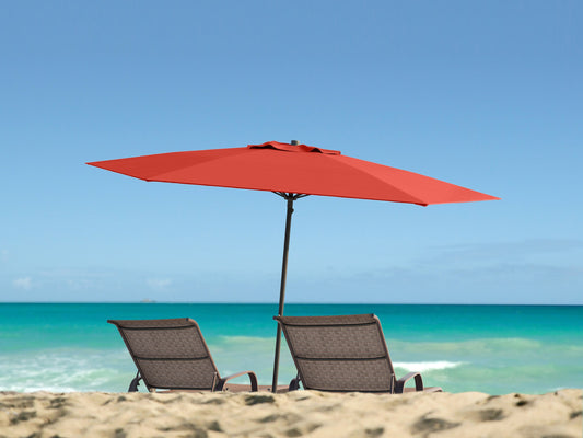 Crimson red 7.5ft beach umbrella with UV protection, sturdy aluminum pole, and adjustable tilt mechanism, perfect for sunshade at the beach or patio.