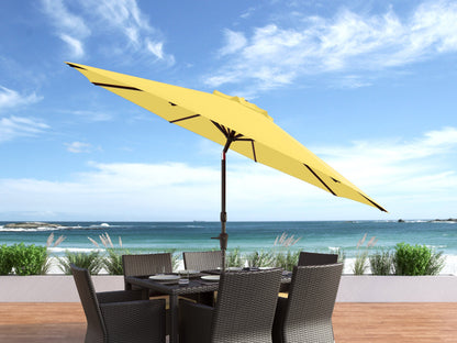Yellow 10ft patio umbrella with wind-resistant design, sturdy aluminum pole, and UV-protective fabric, perfect for outdoor shade in gardens, patios, and decks.