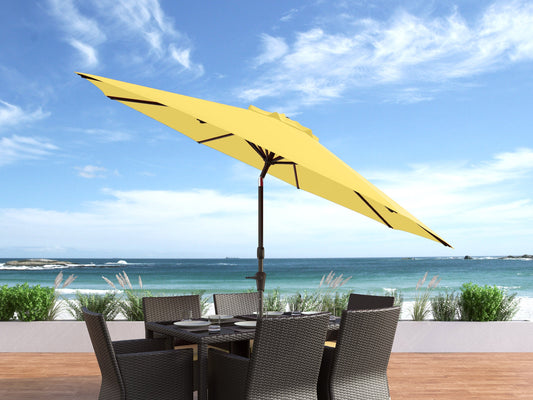 Yellow 10ft patio umbrella with wind-resistant design, sturdy aluminum pole, and UV-protective fabric, perfect for outdoor shade in gardens, patios, and decks.