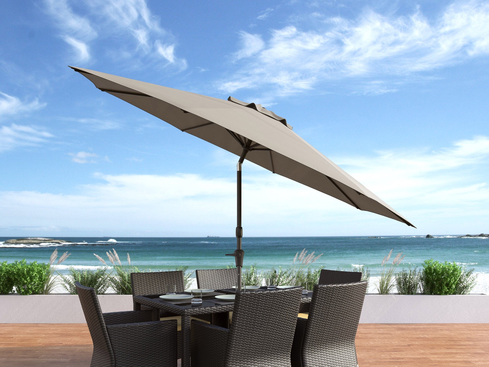10ft wind-resistant patio umbrella in sandy grey with a sturdy metal frame, crank lift system, and UV-resistant canopy. Ideal for outdoor spaces, providing ample shade and durability in various weather conditions.
