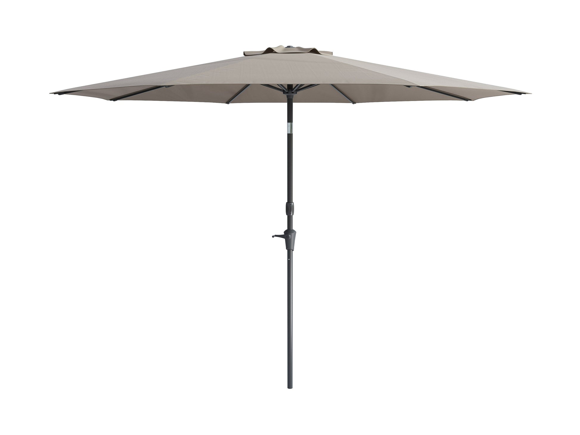 10ft wind-resistant patio umbrella in sandy grey with a sturdy metal frame, crank lift system, and UV-resistant canopy. Ideal for outdoor spaces, providing ample shade and durability in various weather conditions.