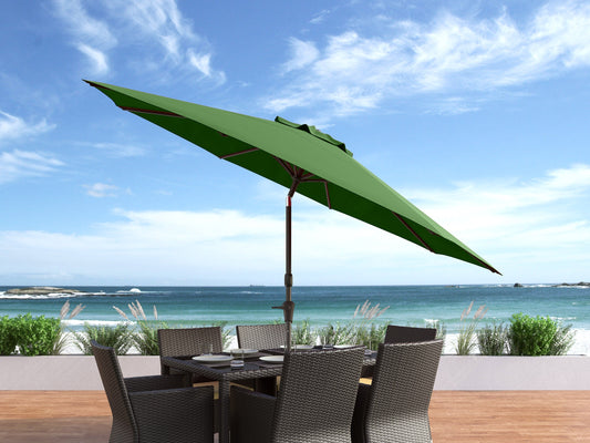 Forest green 10ft patio umbrella with wind-resistant design, sturdy aluminum pole, and UV-protective canopy, ideal for outdoor seating areas, gardens, and patios.