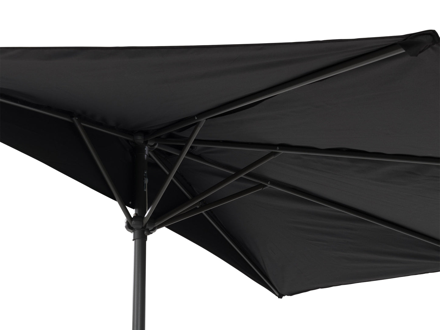 Black 8.5ft half umbrella with a durable metal frame, water-resistant polyester canopy, and crank handle for easy opening and closing, perfect for small patios and balconies.
