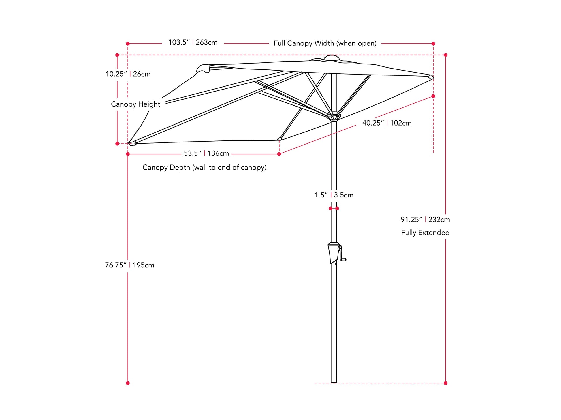 Black 8.5ft half umbrella with a durable metal frame, water-resistant polyester canopy, and crank handle for easy opening and closing, perfect for small patios and balconies.