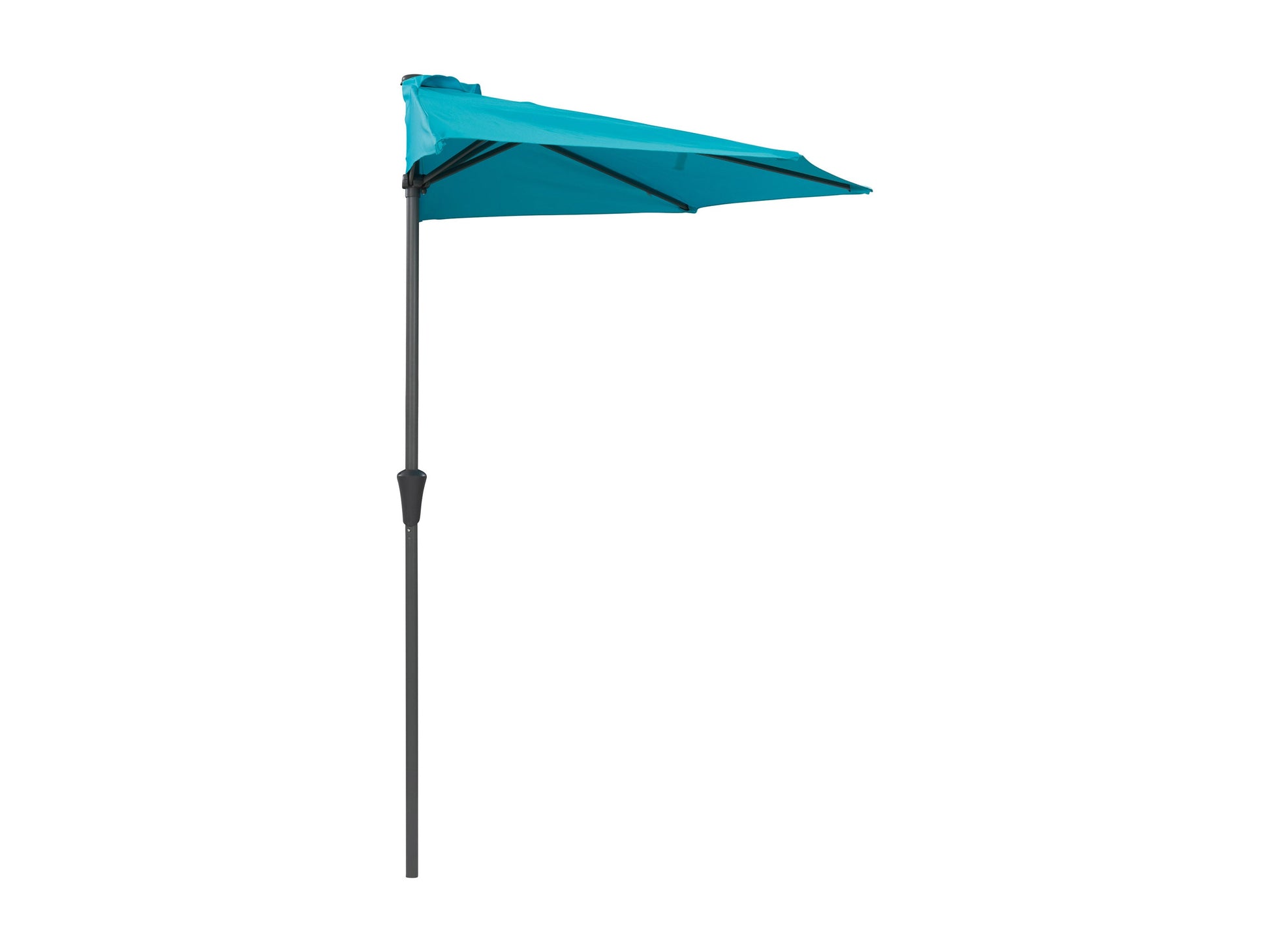 Turquoise 8.5ft half umbrella with durable fabric canopy, adjustable tilt mechanism, and sturdy metal frame, perfect for small patios or balconies, providing ample shade and UV protection.