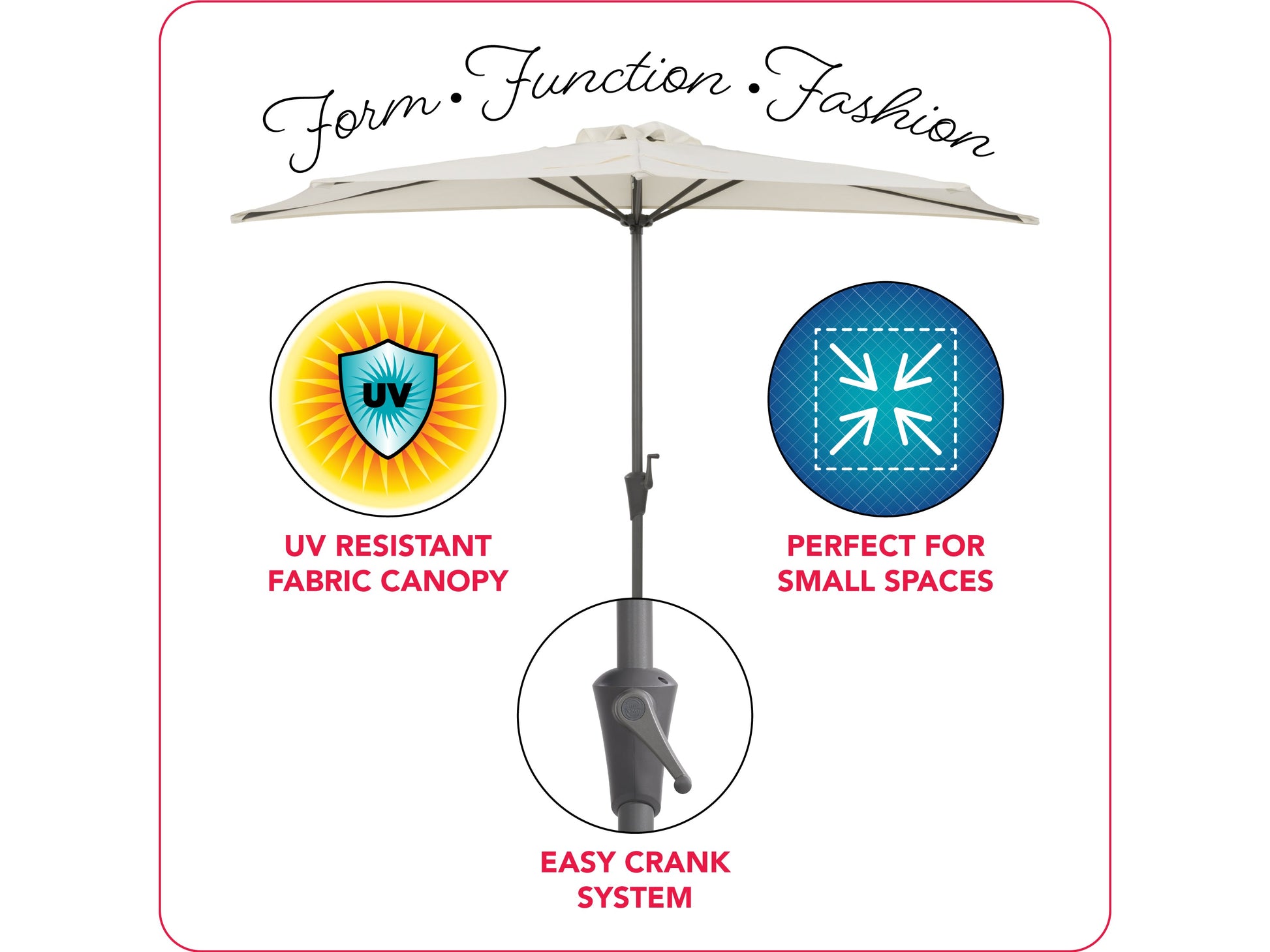 Off-white 8.5ft half umbrella with sturdy aluminum frame, UV-resistant canopy, and crank handle for easy opening. Ideal for patios and small outdoor spaces, providing shade and weather protection.