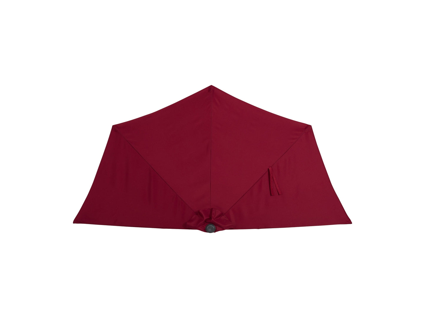 Red 8.5ft half umbrella with durable polyester fabric, sturdy aluminum frame, and crank lift system; perfect for small patios and balconies.