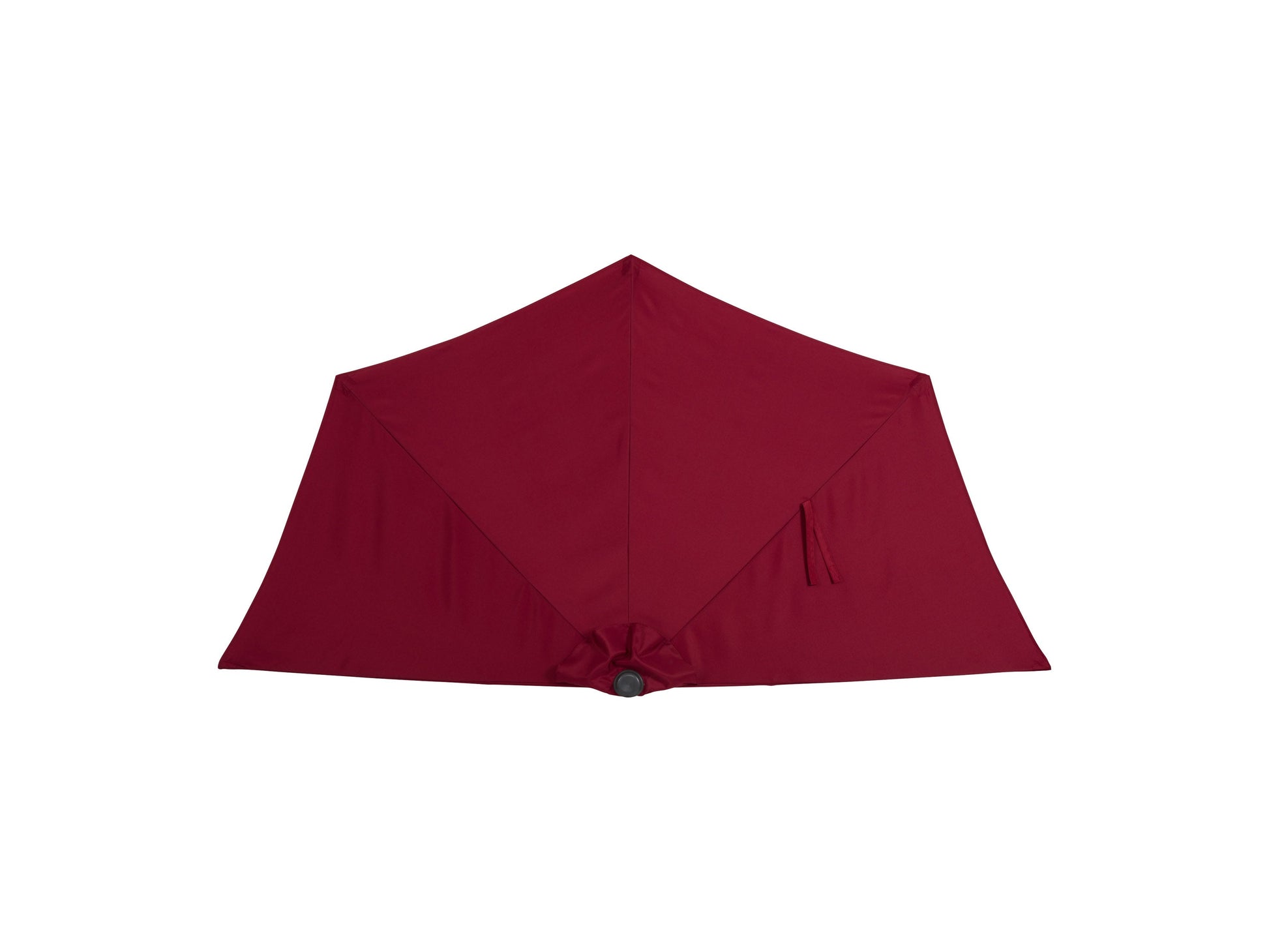 Red 8.5ft half umbrella with durable polyester fabric, sturdy aluminum frame, and crank lift system; perfect for small patios and balconies.