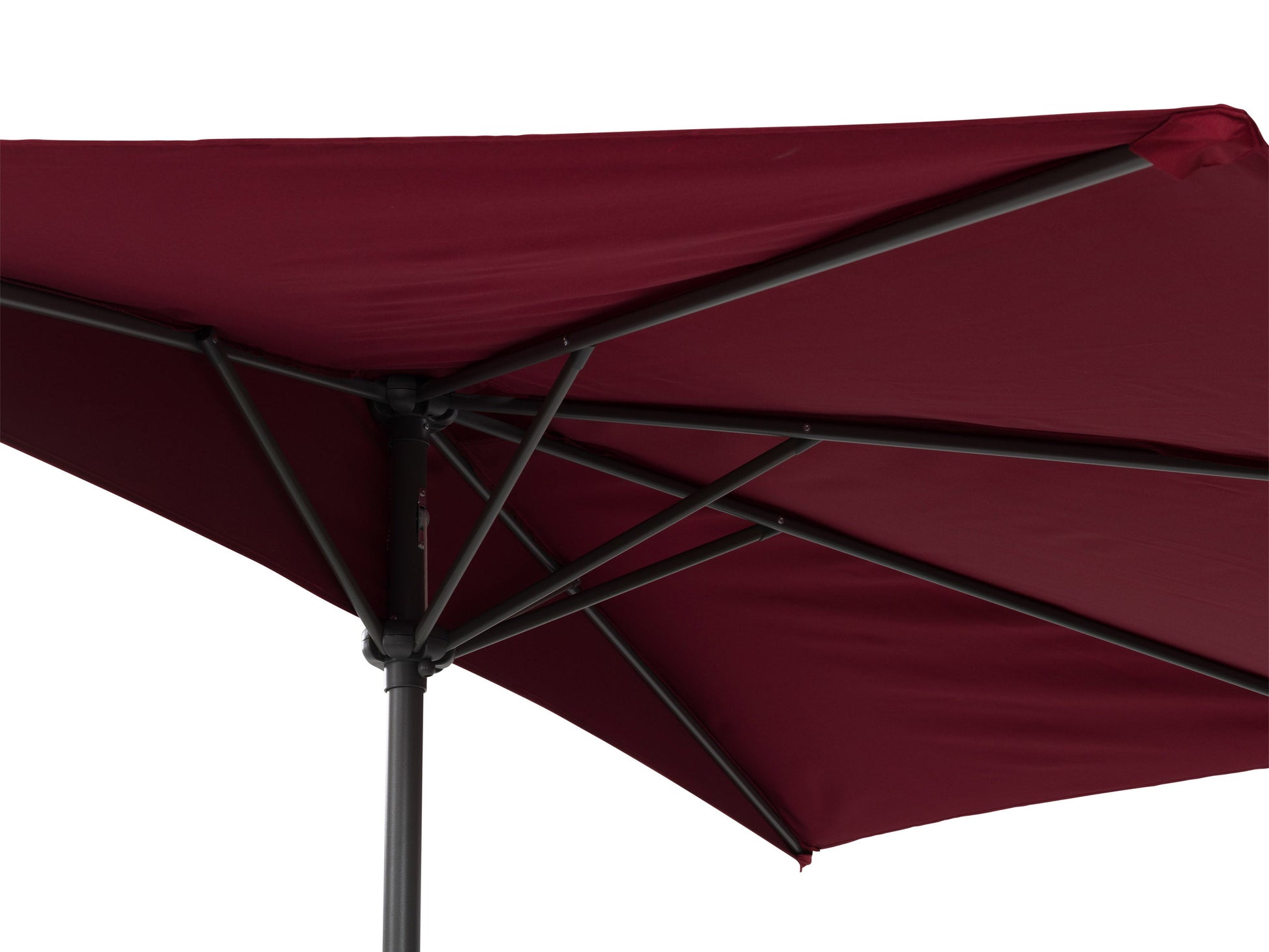 Red 8.5ft half umbrella with durable polyester fabric, sturdy aluminum frame, and crank lift system; perfect for small patios and balconies.