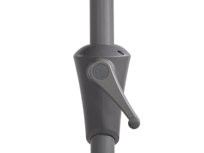 Red 8.5ft half umbrella with durable polyester fabric, sturdy aluminum frame, and crank lift system; perfect for small patios and balconies.