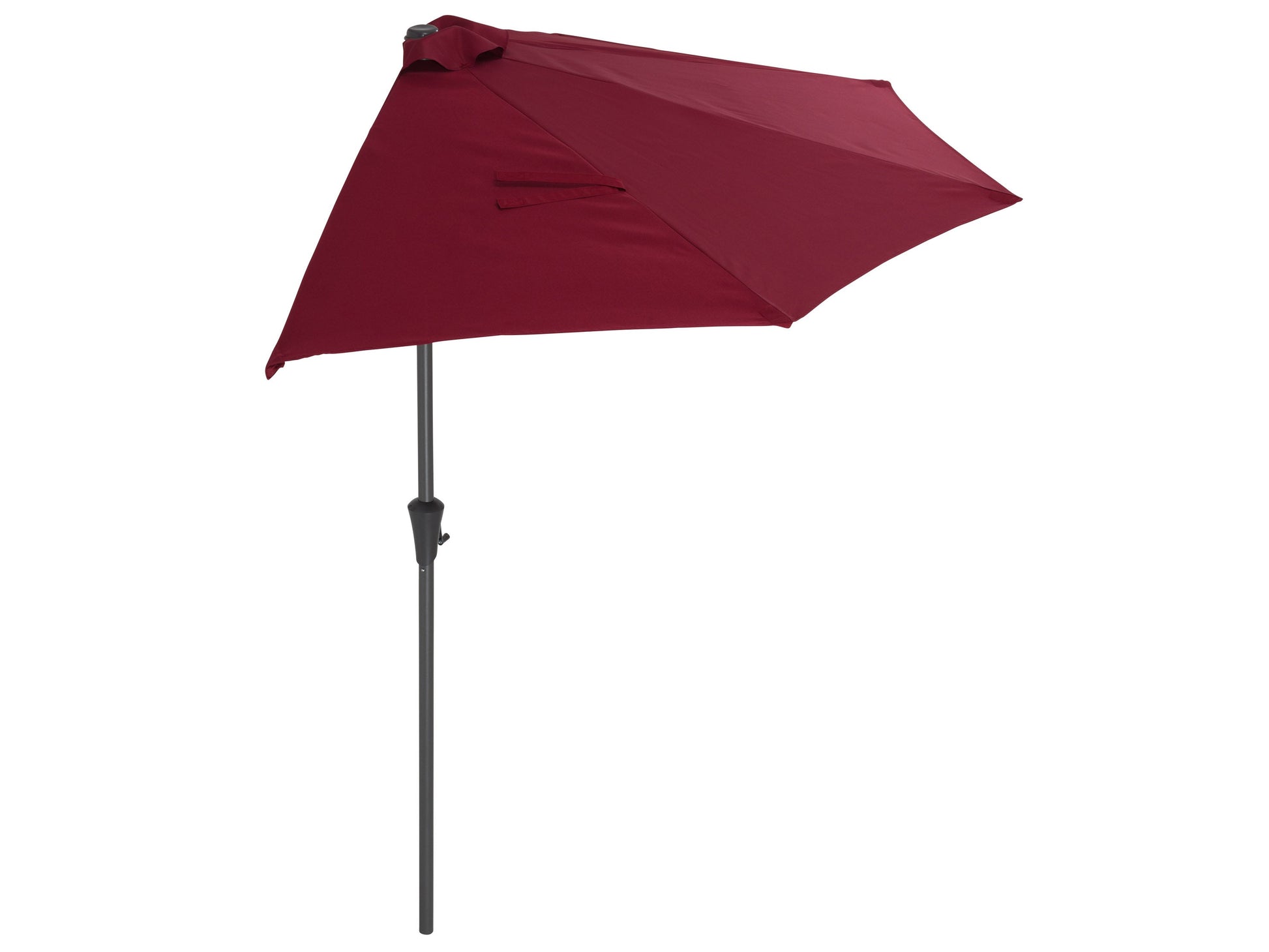 Red 8.5ft half umbrella with durable polyester fabric, sturdy aluminum frame, and crank lift system; perfect for small patios and balconies.