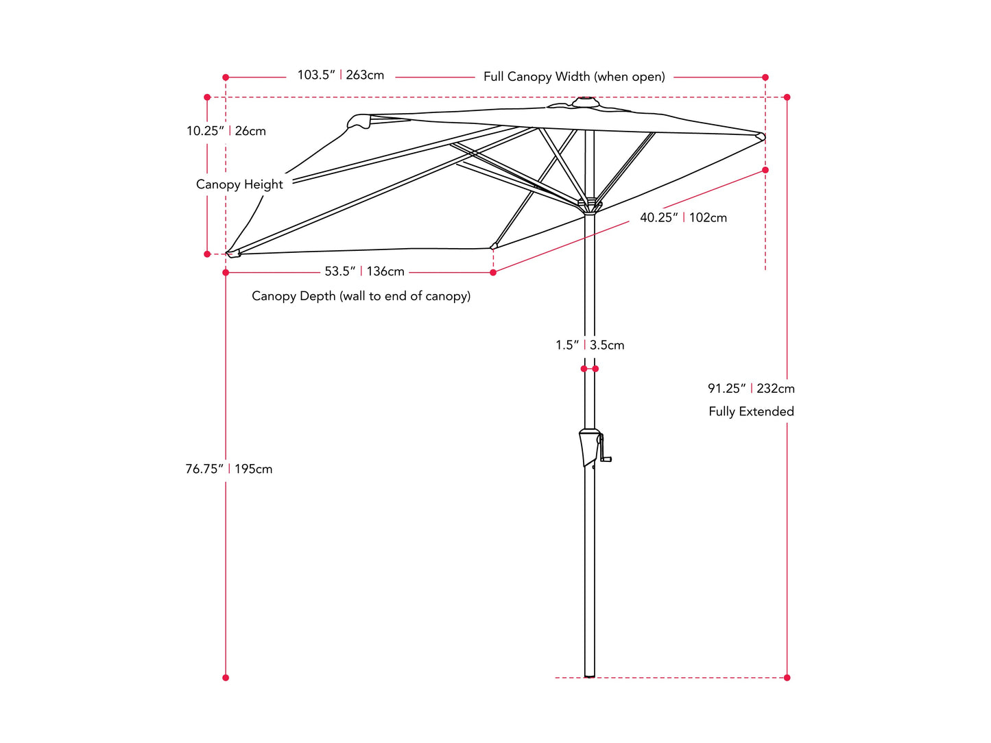 Red 8.5ft half umbrella with durable polyester fabric, sturdy aluminum frame, and crank lift system; perfect for small patios and balconies.