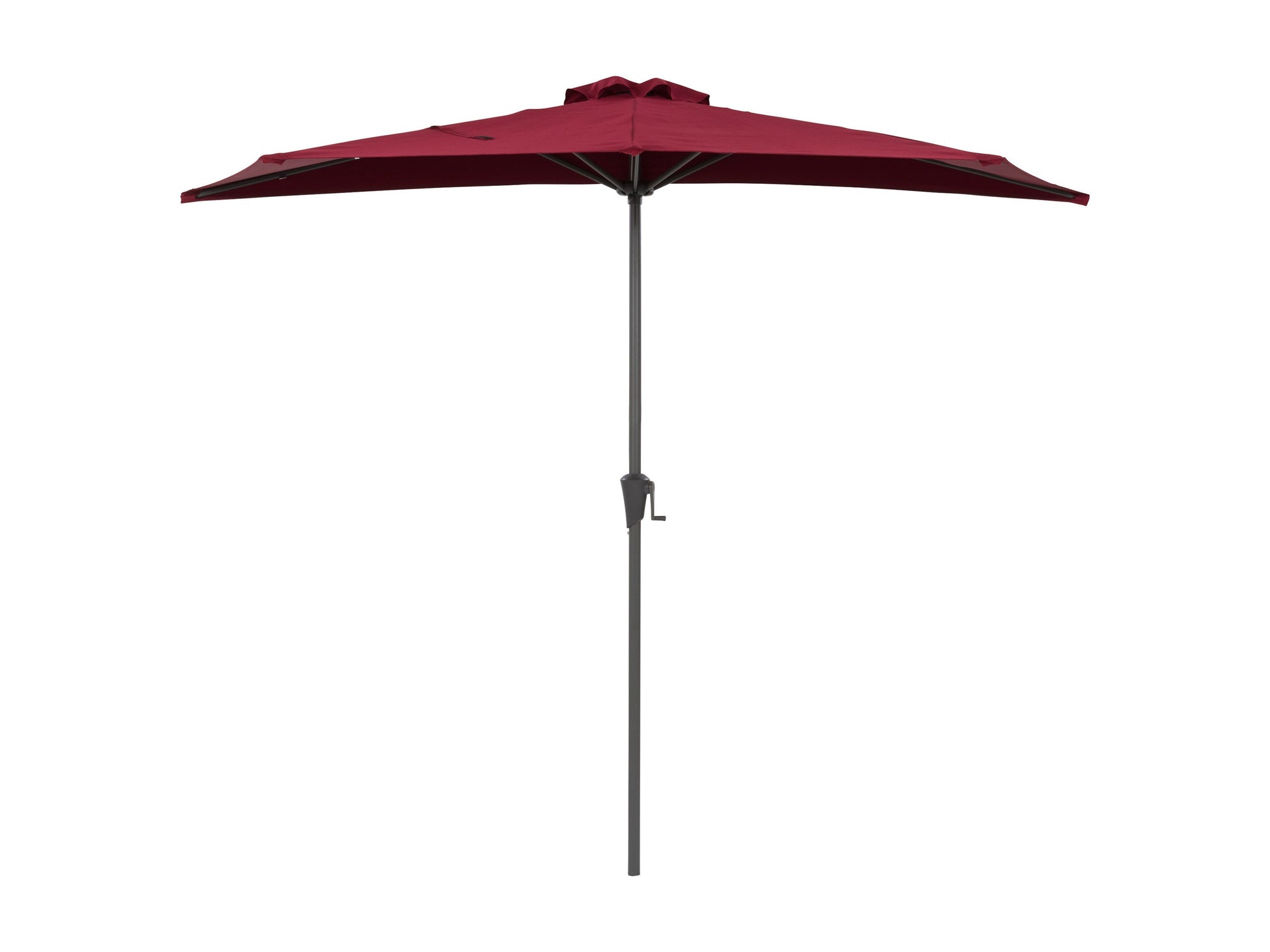 Red 8.5ft half umbrella with durable polyester fabric, sturdy aluminum frame, and crank lift system; perfect for small patios and balconies.