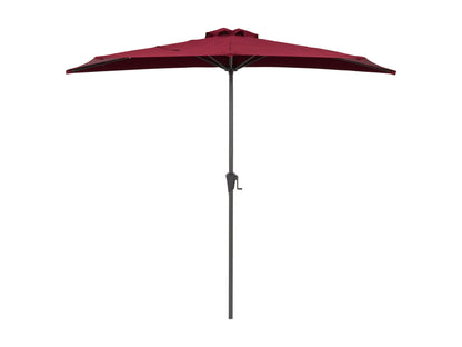Red 8.5ft half umbrella with durable polyester fabric, sturdy aluminum frame, and crank lift system; perfect for small patios and balconies.