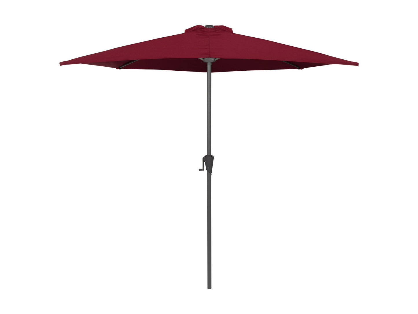 Red 8.5ft half umbrella with durable polyester fabric, sturdy aluminum frame, and crank lift system; perfect for small patios and balconies.