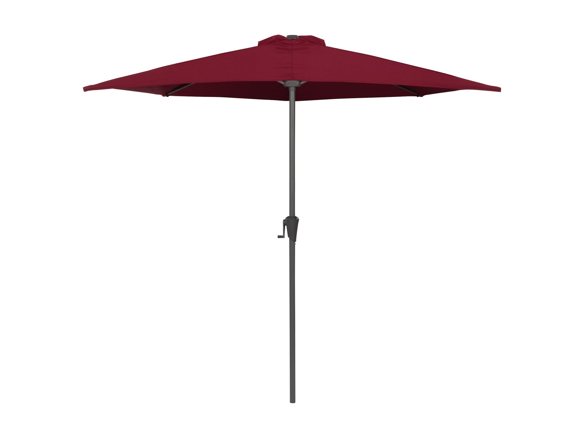 Red 8.5ft half umbrella with durable polyester fabric, sturdy aluminum frame, and crank lift system; perfect for small patios and balconies.