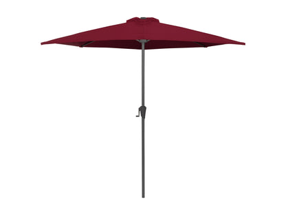 Red 8.5ft half umbrella with durable polyester fabric, sturdy aluminum frame, and crank lift system; perfect for small patios and balconies.