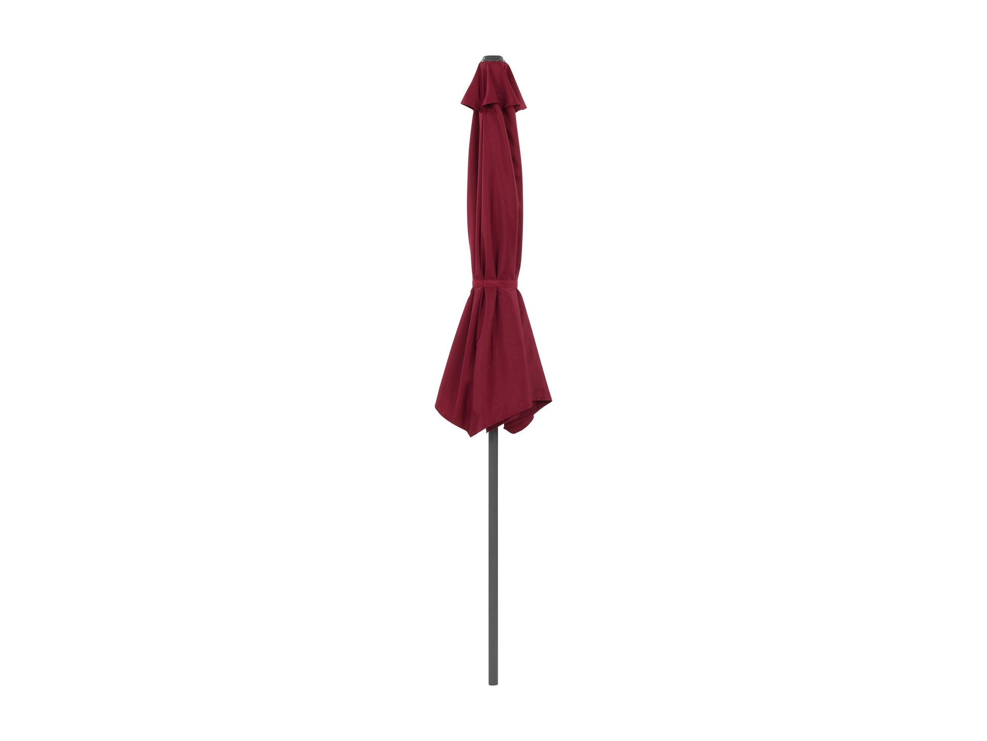 Red 8.5ft half umbrella with durable polyester fabric, sturdy aluminum frame, and crank lift system; perfect for small patios and balconies.