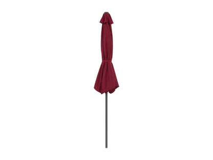 Red 8.5ft half umbrella with durable polyester fabric, sturdy aluminum frame, and crank lift system; perfect for small patios and balconies.