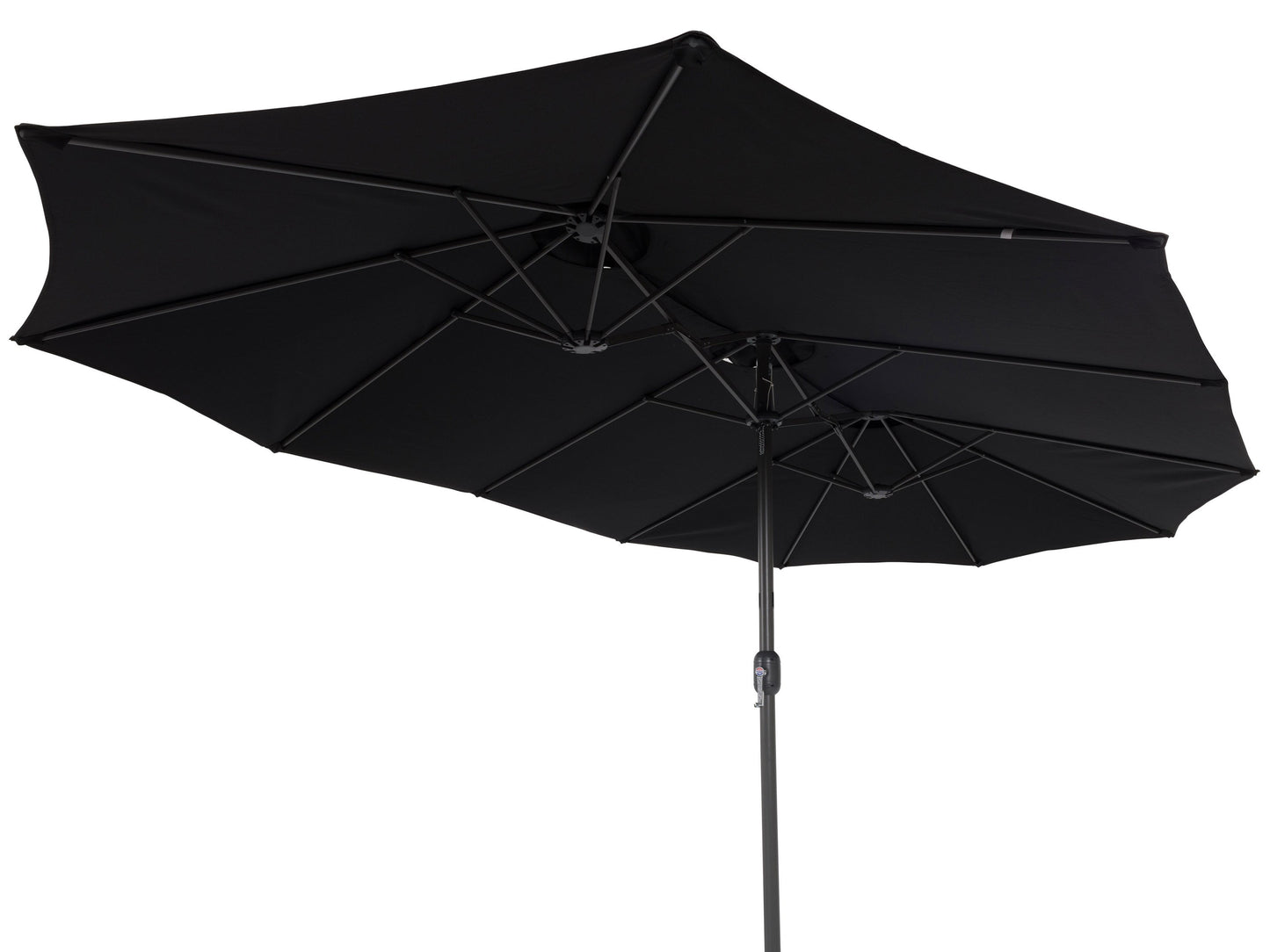 Black 15ft double patio umbrella with sturdy metal frame, UV-resistant fabric, and crank lift system, providing ample shade for outdoor seating areas. Ideal for large patios and garden spaces.