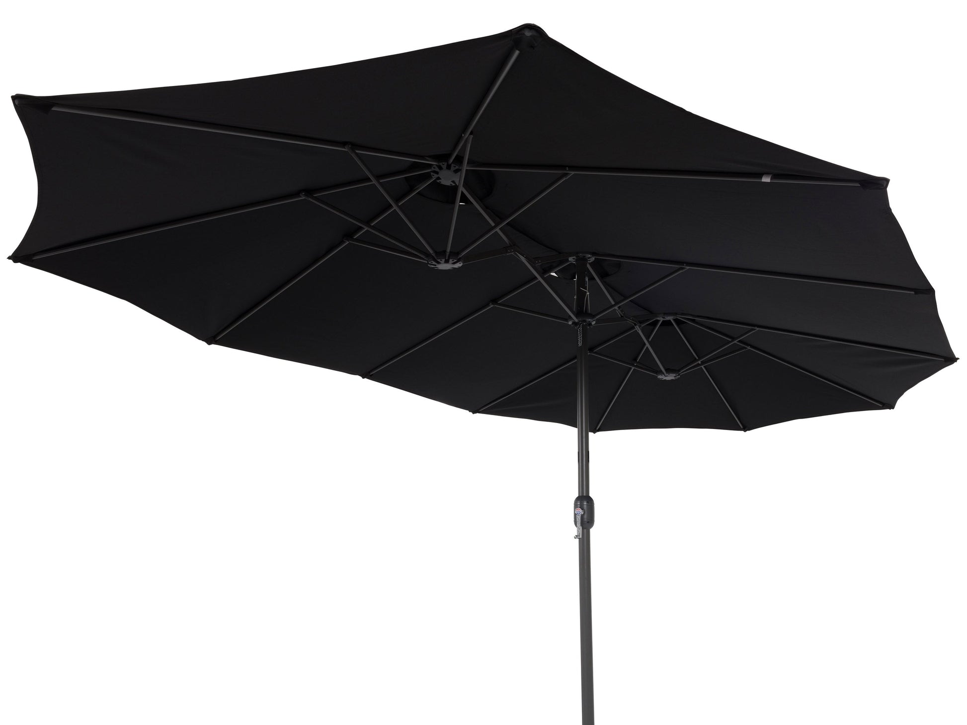 Black 15ft double patio umbrella with sturdy metal frame, UV-resistant fabric, and crank lift system, providing ample shade for outdoor seating areas. Ideal for large patios and garden spaces.