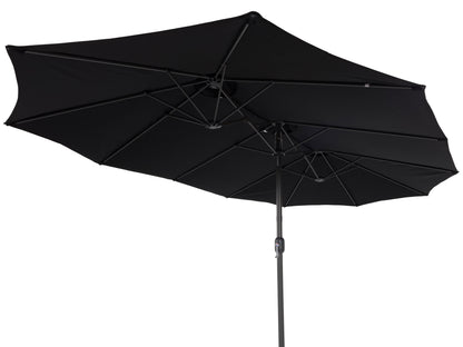 Black 15ft double patio umbrella with sturdy metal frame, UV-resistant fabric, and crank lift system, providing ample shade for outdoor seating areas. Ideal for large patios and garden spaces.