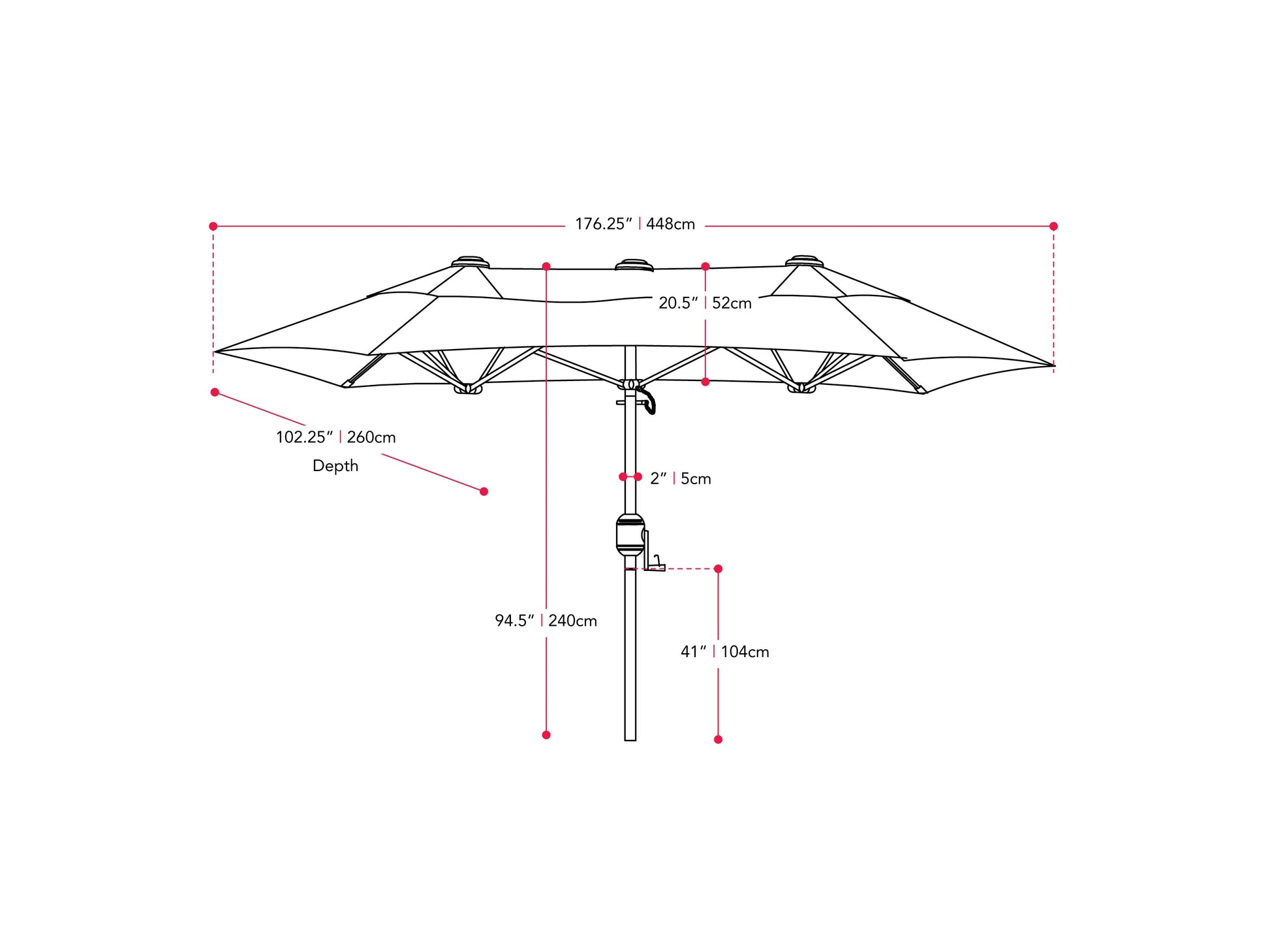 Black 15ft double patio umbrella with sturdy metal frame, UV-resistant fabric, and crank lift system, providing ample shade for outdoor seating areas. Ideal for large patios and garden spaces.