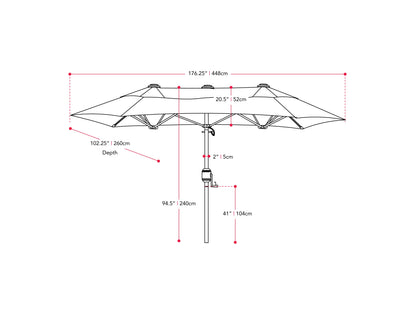 Black 15ft double patio umbrella with sturdy metal frame, UV-resistant fabric, and crank lift system, providing ample shade for outdoor seating areas. Ideal for large patios and garden spaces.