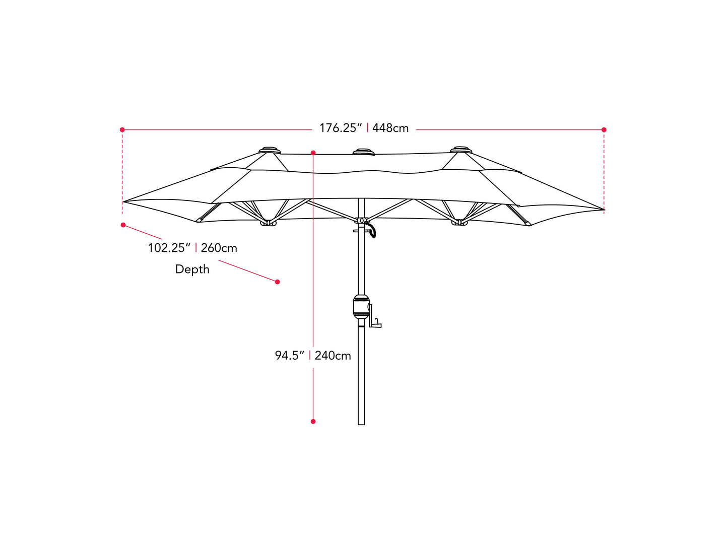 Black 15ft double patio umbrella with sturdy metal frame, UV-resistant fabric, and crank lift system, providing ample shade for outdoor seating areas. Ideal for large patios and garden spaces.