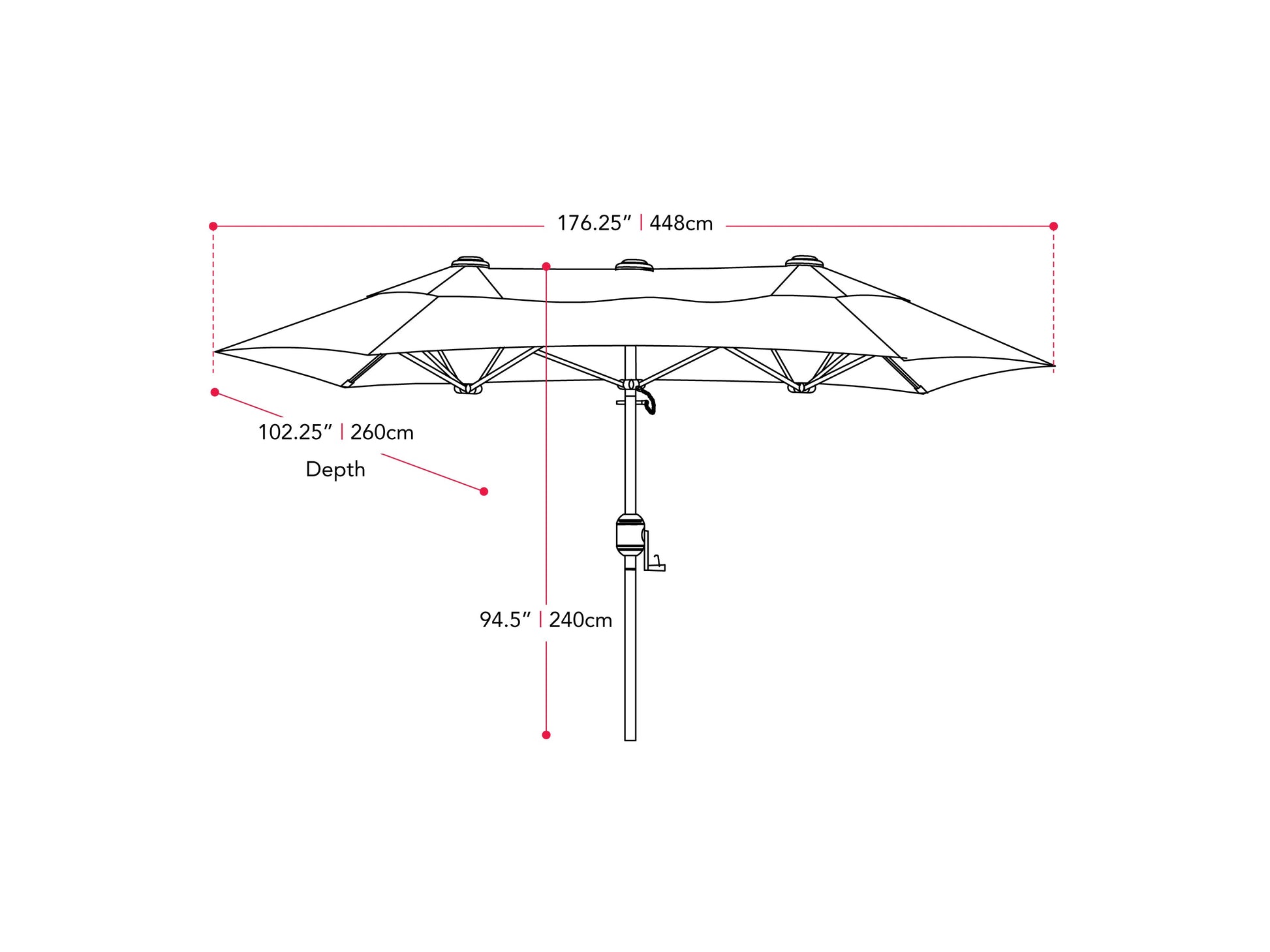 Black 15ft double patio umbrella with sturdy metal frame, UV-resistant fabric, and crank lift system, providing ample shade for outdoor seating areas. Ideal for large patios and garden spaces.