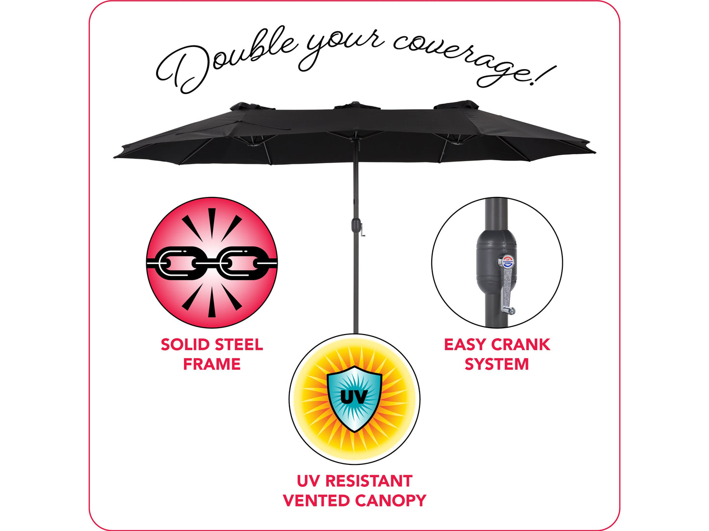 Black 15ft double patio umbrella with sturdy metal frame, UV-resistant fabric, and crank lift system, providing ample shade for outdoor seating areas. Ideal for large patios and garden spaces.