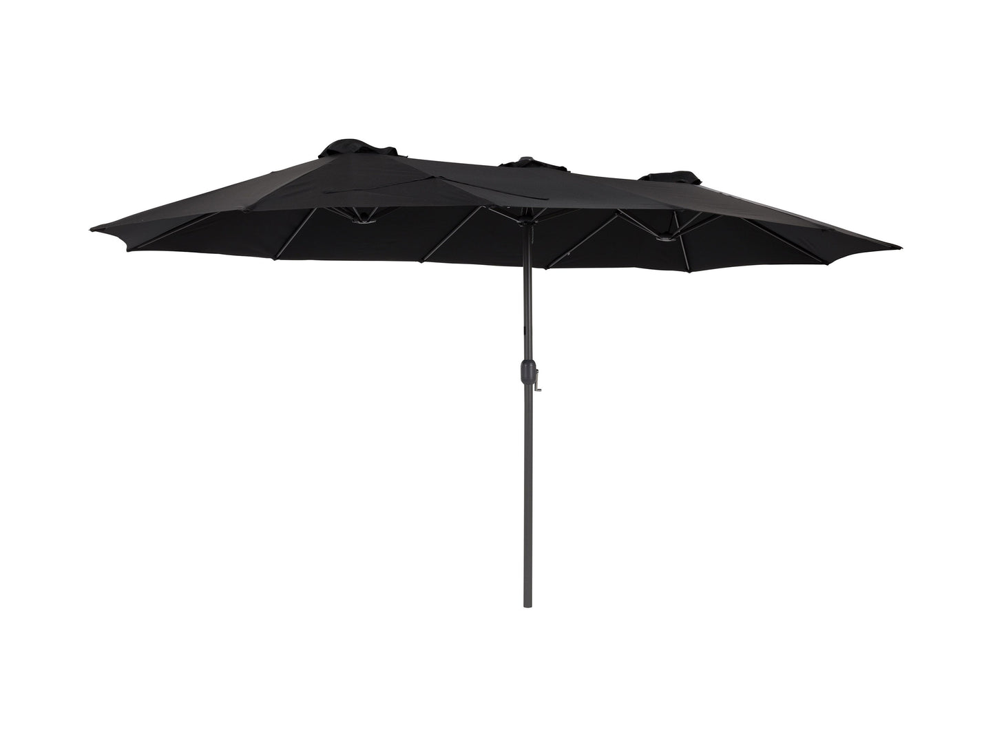 Black 15ft double patio umbrella with sturdy metal frame, UV-resistant fabric, and crank lift system, providing ample shade for outdoor seating areas. Ideal for large patios and garden spaces.