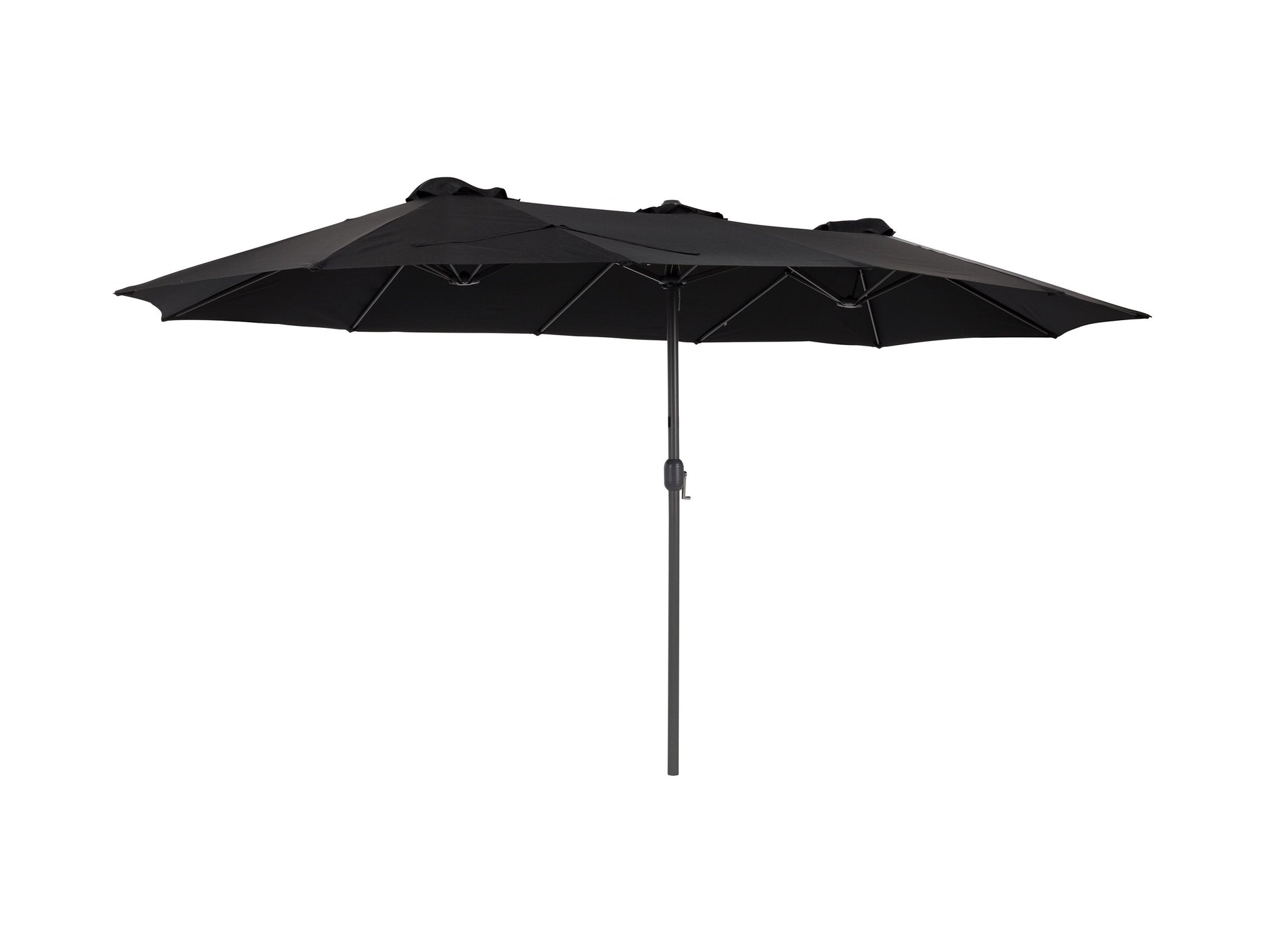 Black 15ft double patio umbrella with sturdy metal frame, UV-resistant fabric, and crank lift system, providing ample shade for outdoor seating areas. Ideal for large patios and garden spaces.