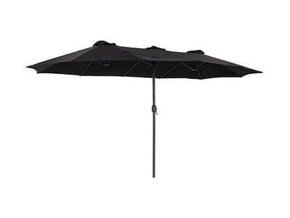 Black 15ft double patio umbrella with sturdy metal frame, UV-resistant fabric, and crank lift system, providing ample shade for outdoor seating areas. Ideal for large patios and garden spaces.