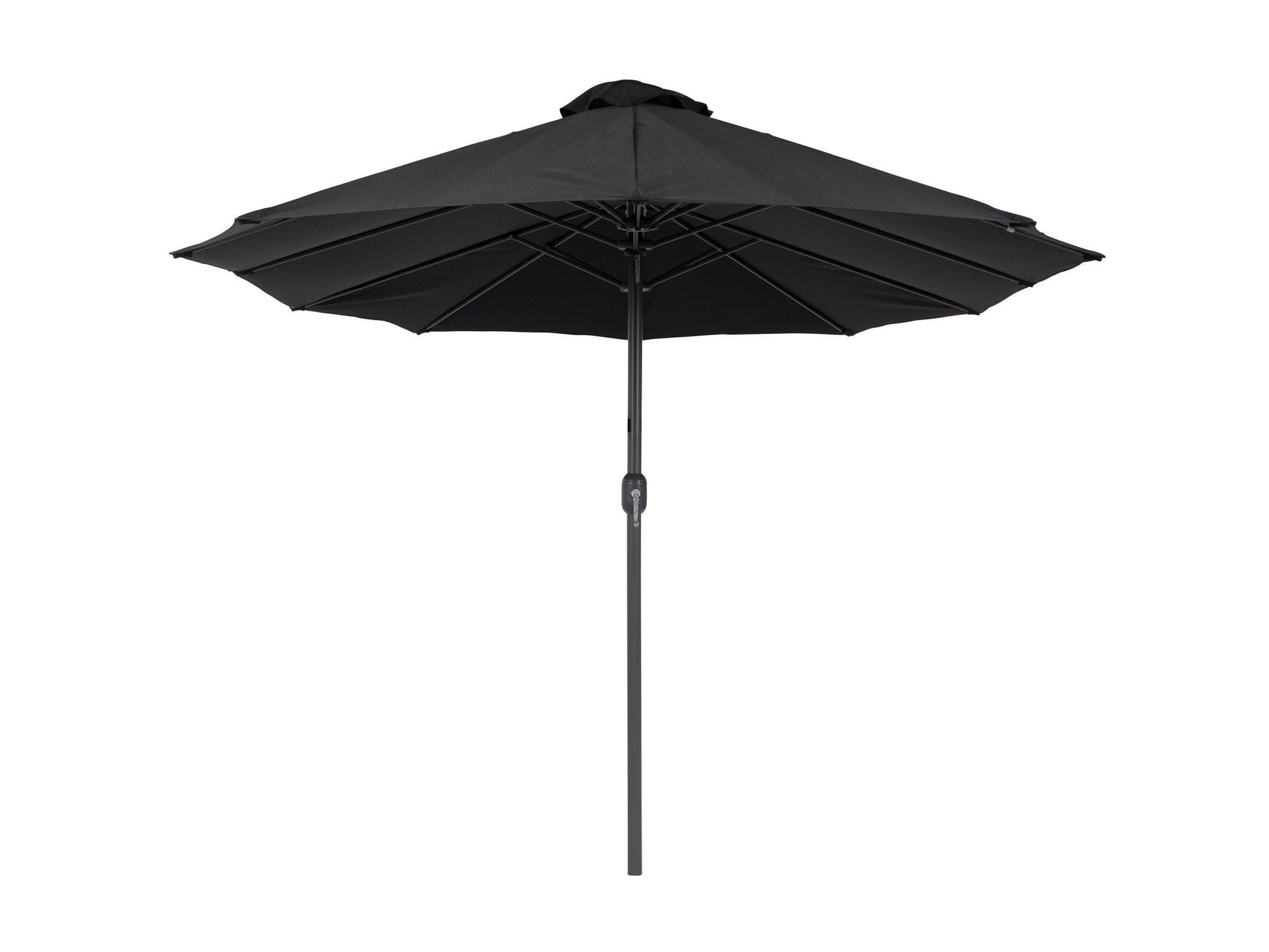Black 15ft double patio umbrella with sturdy metal frame, UV-resistant fabric, and crank lift system, providing ample shade for outdoor seating areas. Ideal for large patios and garden spaces.