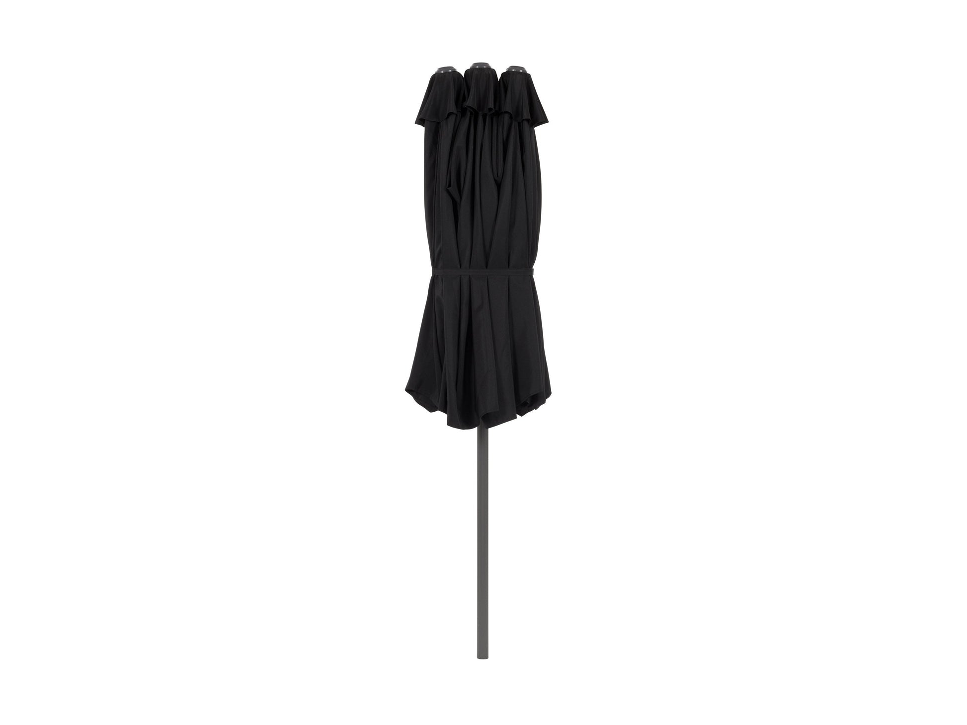 Black 15ft double patio umbrella with sturdy metal frame, UV-resistant fabric, and crank lift system, providing ample shade for outdoor seating areas. Ideal for large patios and garden spaces.