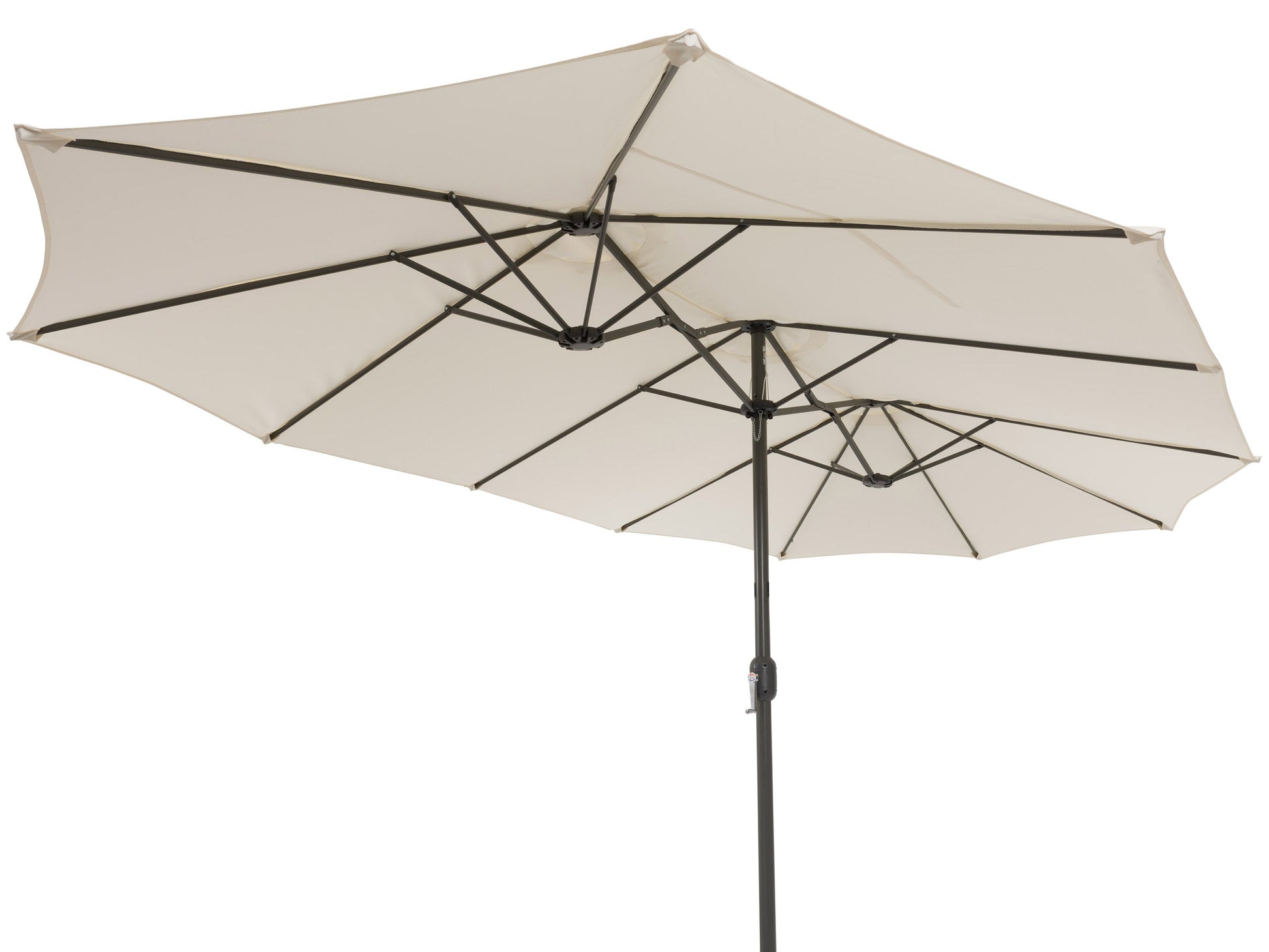 Double patio umbrella in warm white, 15ft wide, with durable aluminum frame, UV-resistant fabric, and crank lift system. Ideal for outdoor seating areas, providing ample shade and stylish décor.