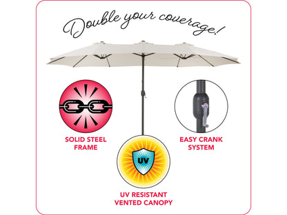 Double patio umbrella in warm white, 15ft wide, with durable aluminum frame, UV-resistant fabric, and crank lift system. Ideal for outdoor seating areas, providing ample shade and stylish décor.