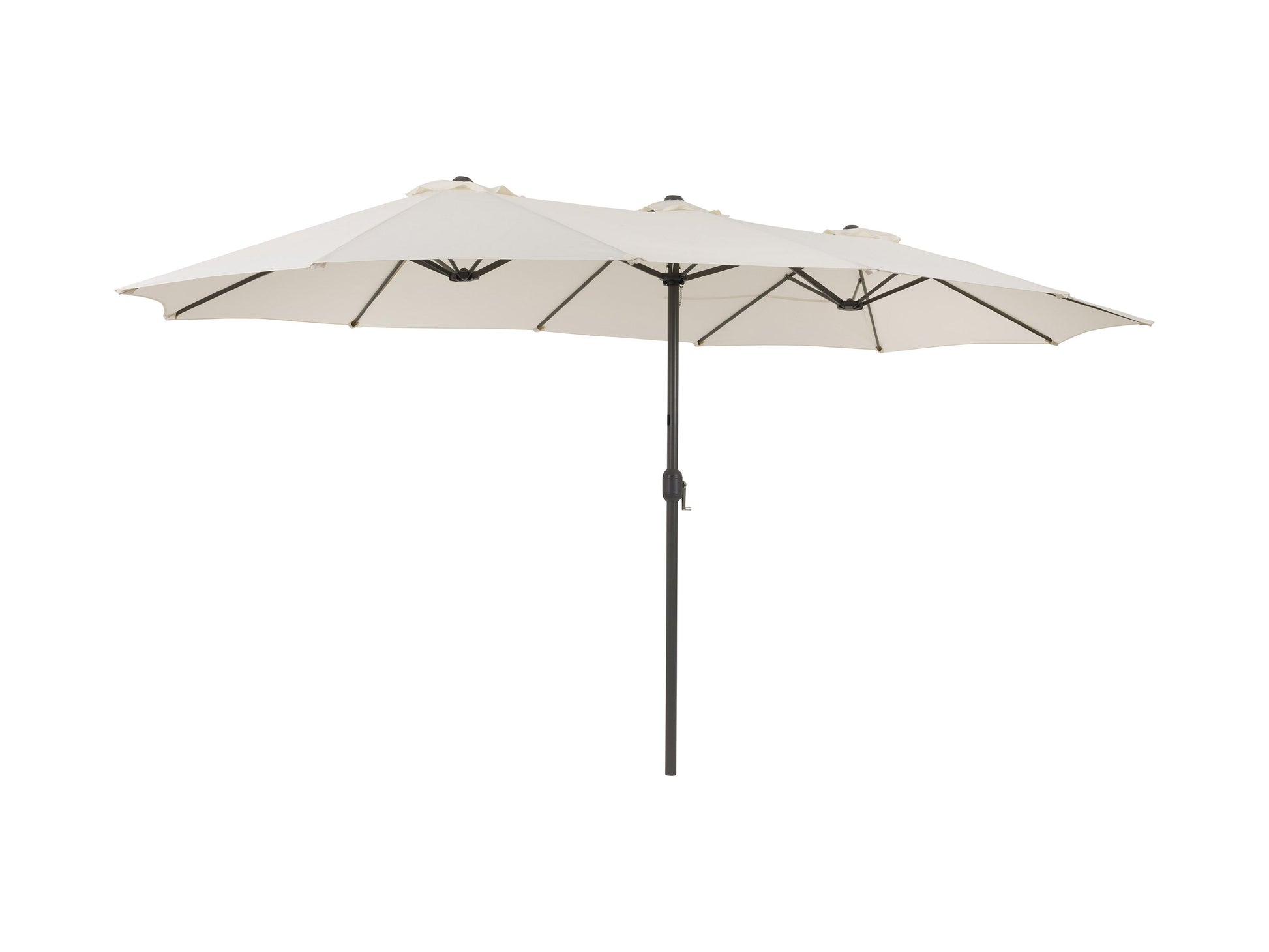 Double patio umbrella in warm white, 15ft wide, with durable aluminum frame, UV-resistant fabric, and crank lift system. Ideal for outdoor seating areas, providing ample shade and stylish décor.