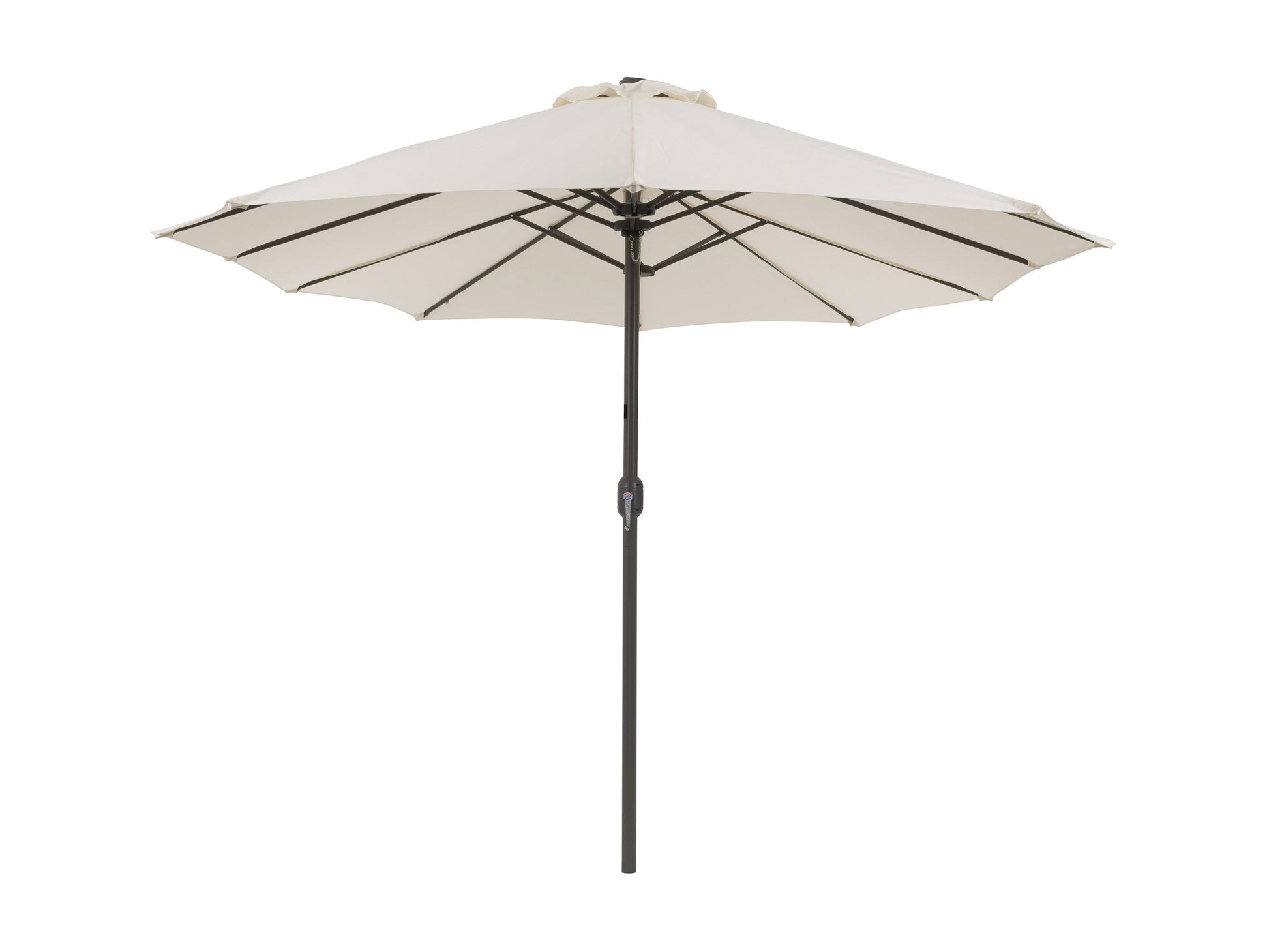 Double patio umbrella in warm white, 15ft wide, with durable aluminum frame, UV-resistant fabric, and crank lift system. Ideal for outdoor seating areas, providing ample shade and stylish décor.