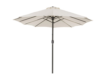 Double patio umbrella in warm white, 15ft wide, with durable aluminum frame, UV-resistant fabric, and crank lift system. Ideal for outdoor seating areas, providing ample shade and stylish décor.