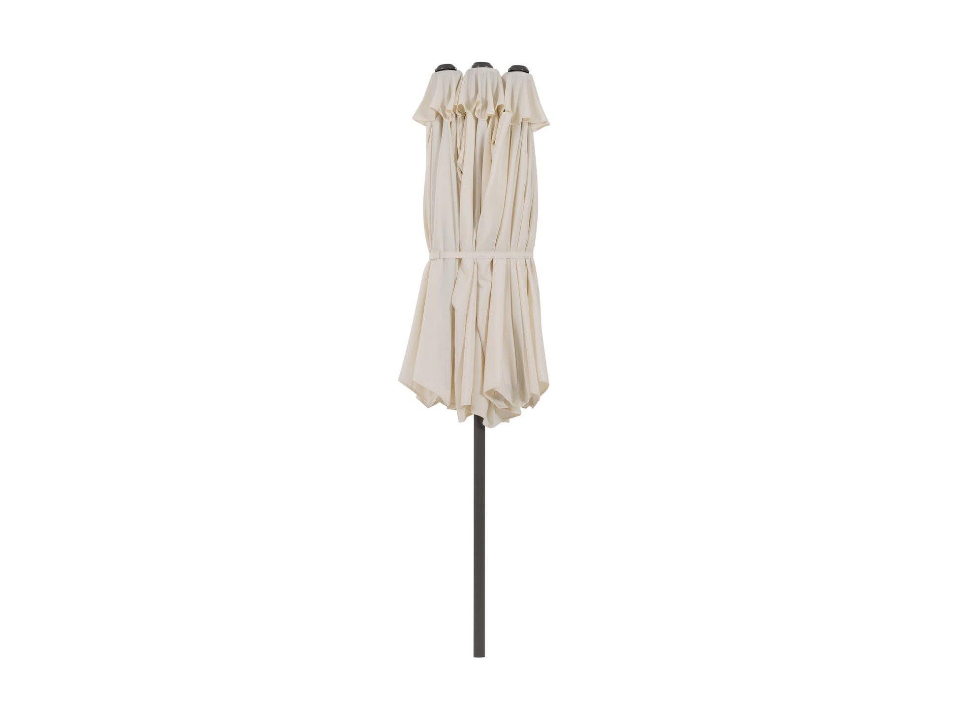 Double patio umbrella in warm white, 15ft wide, with durable aluminum frame, UV-resistant fabric, and crank lift system. Ideal for outdoor seating areas, providing ample shade and stylish décor.