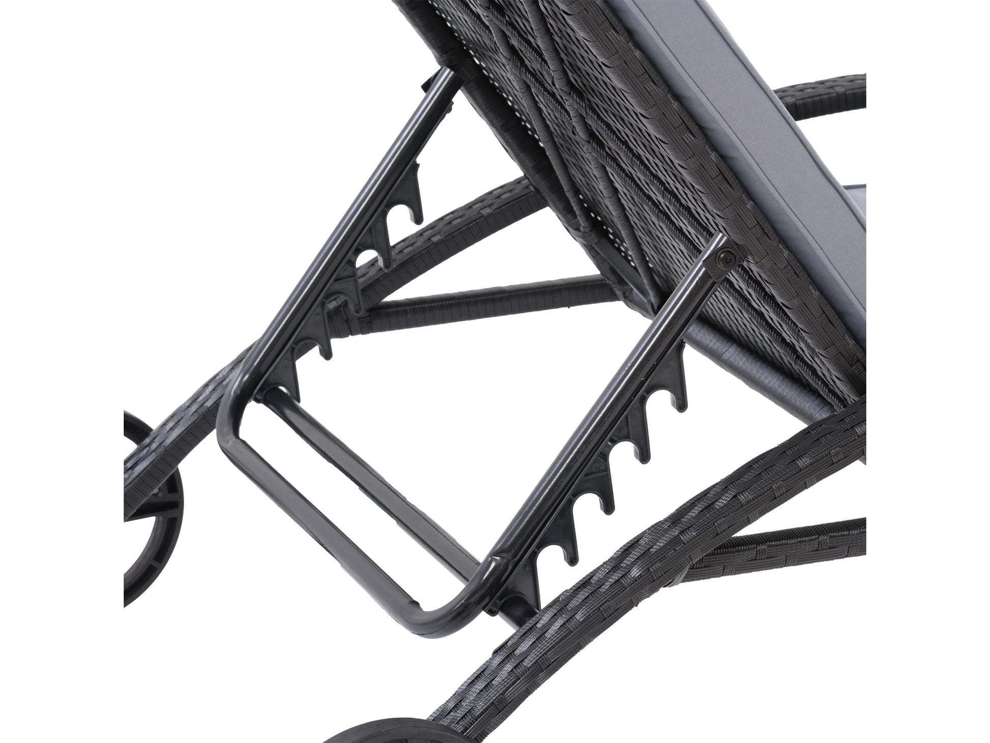 Black and grey outdoor wicker lounge chair with cushioned seat and backrest, featuring durable weather-resistant materials, sleek modern design, and ergonomic armrests for comfortable patio relaxation.