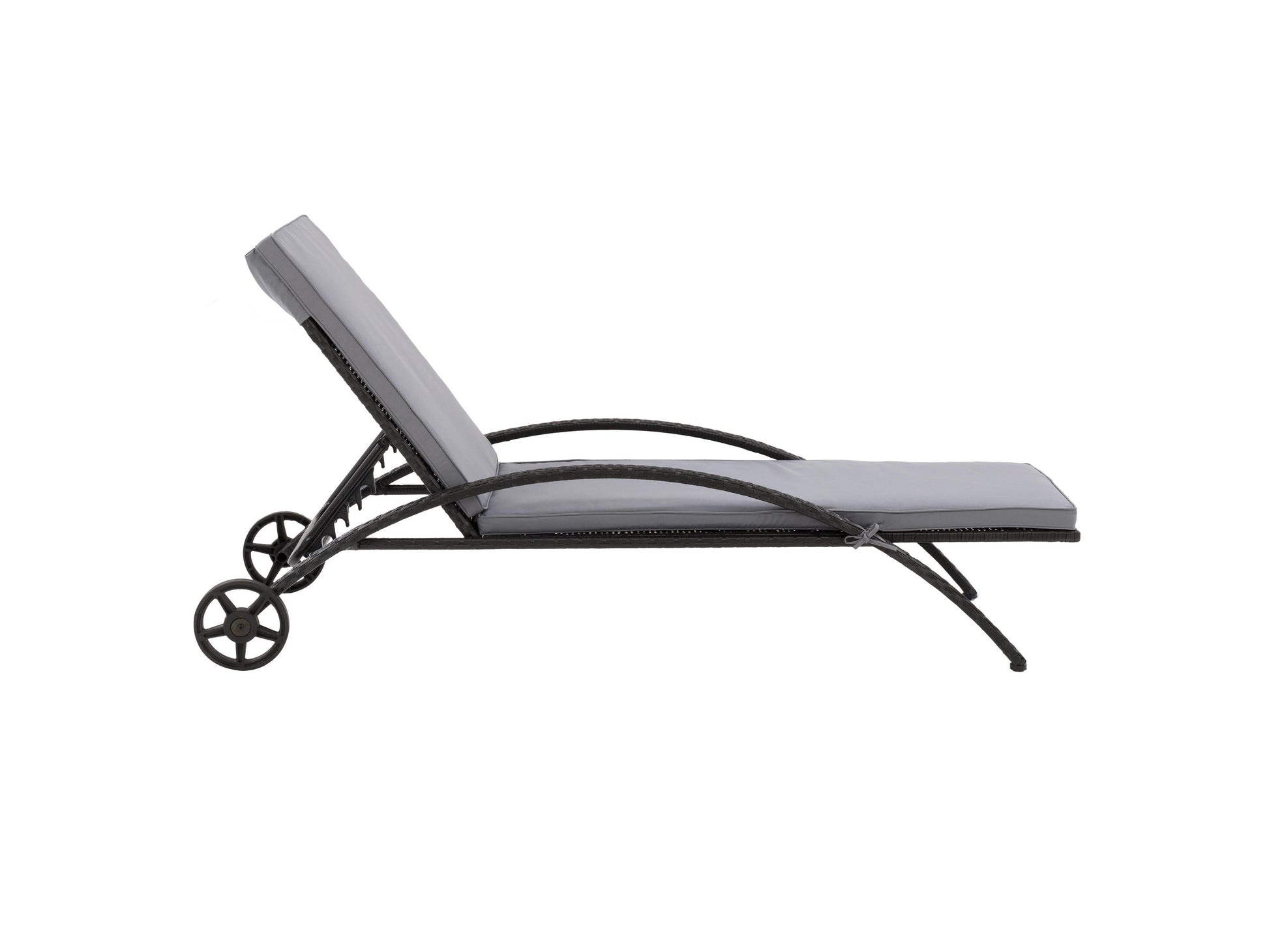 Black and grey outdoor wicker lounge chair with cushioned seat and backrest, featuring durable weather-resistant materials, sleek modern design, and ergonomic armrests for comfortable patio relaxation.
