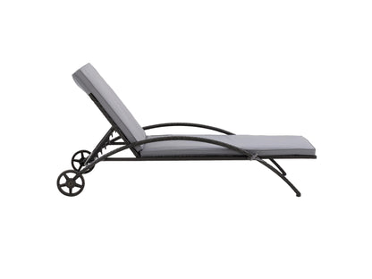 Black and grey outdoor wicker lounge chair with cushioned seat and backrest, featuring durable weather-resistant materials, sleek modern design, and ergonomic armrests for comfortable patio relaxation.